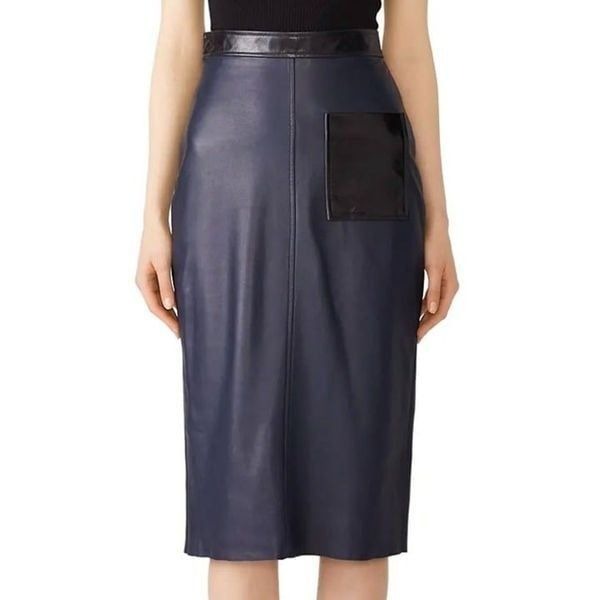 VEDA Violette Leather Knee Length Pencil Skirt Navy Black Womens Size XS