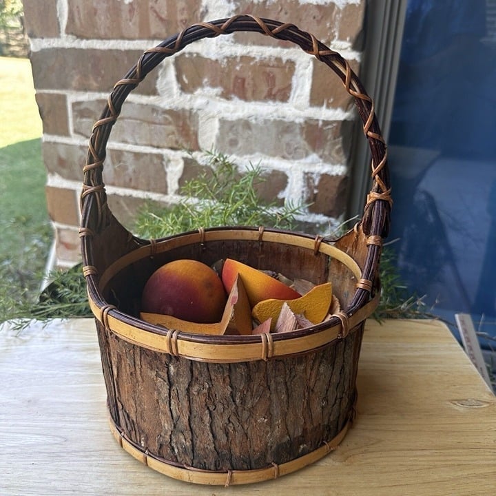 Vintage Basket Bark Bent Wood Splint Country Market Cottage Core Wooden Fruit