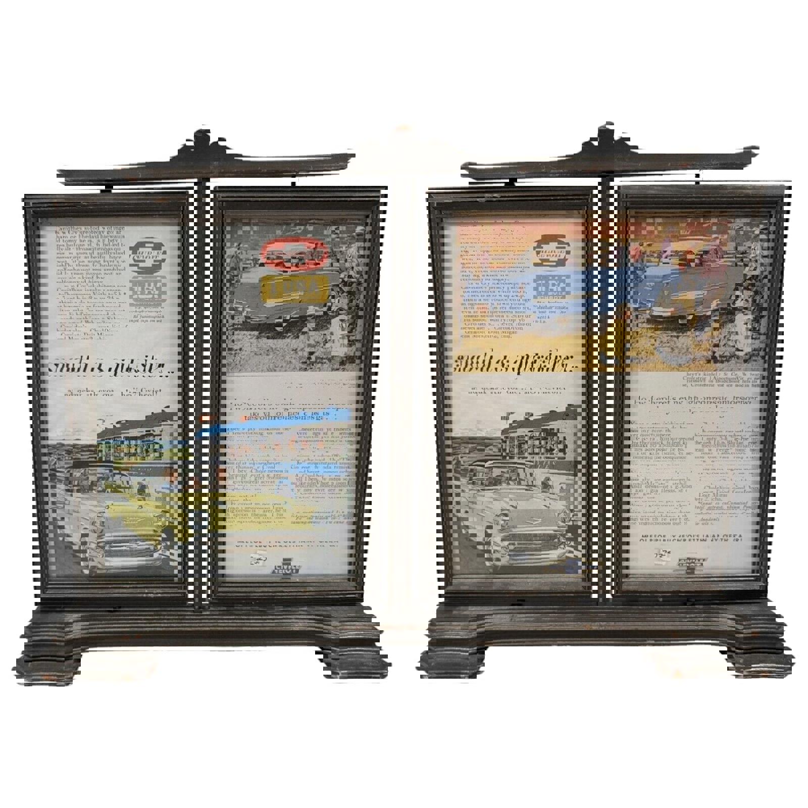 Antique Dual Photo Frame Rotating Wood Chevrolet 1940's Desktop Counter Display
