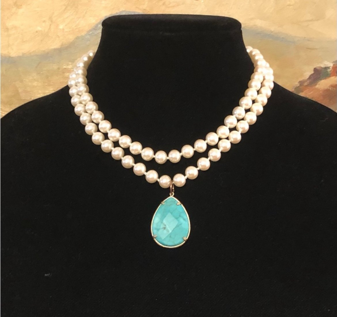 One-of-a-kind Necklace Vintage Pendant On Double Strand Pearls 15” Knotted OOAK