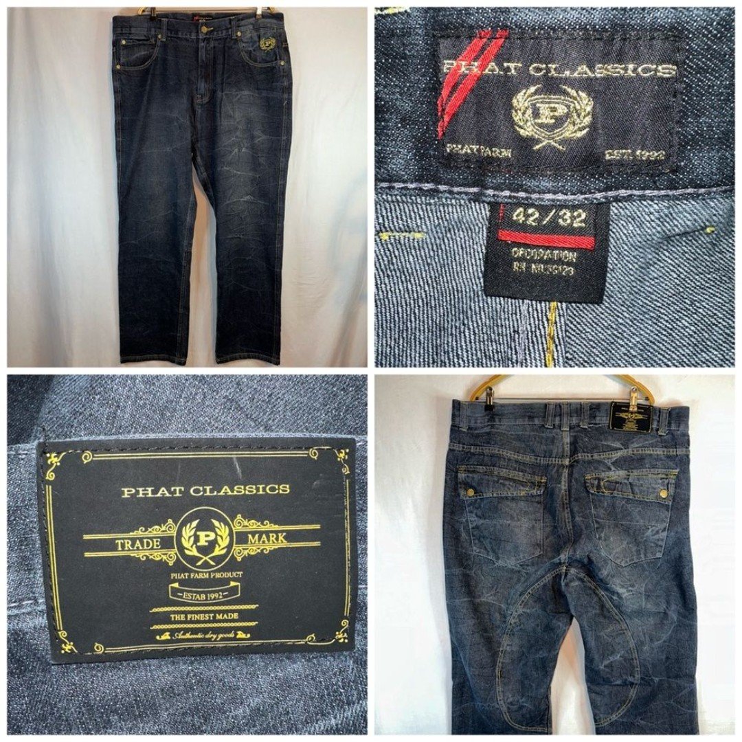 Phat Farm Jeans Men 42x32 Black Vintage Embroidered Classic Hip Hop Skater Biker