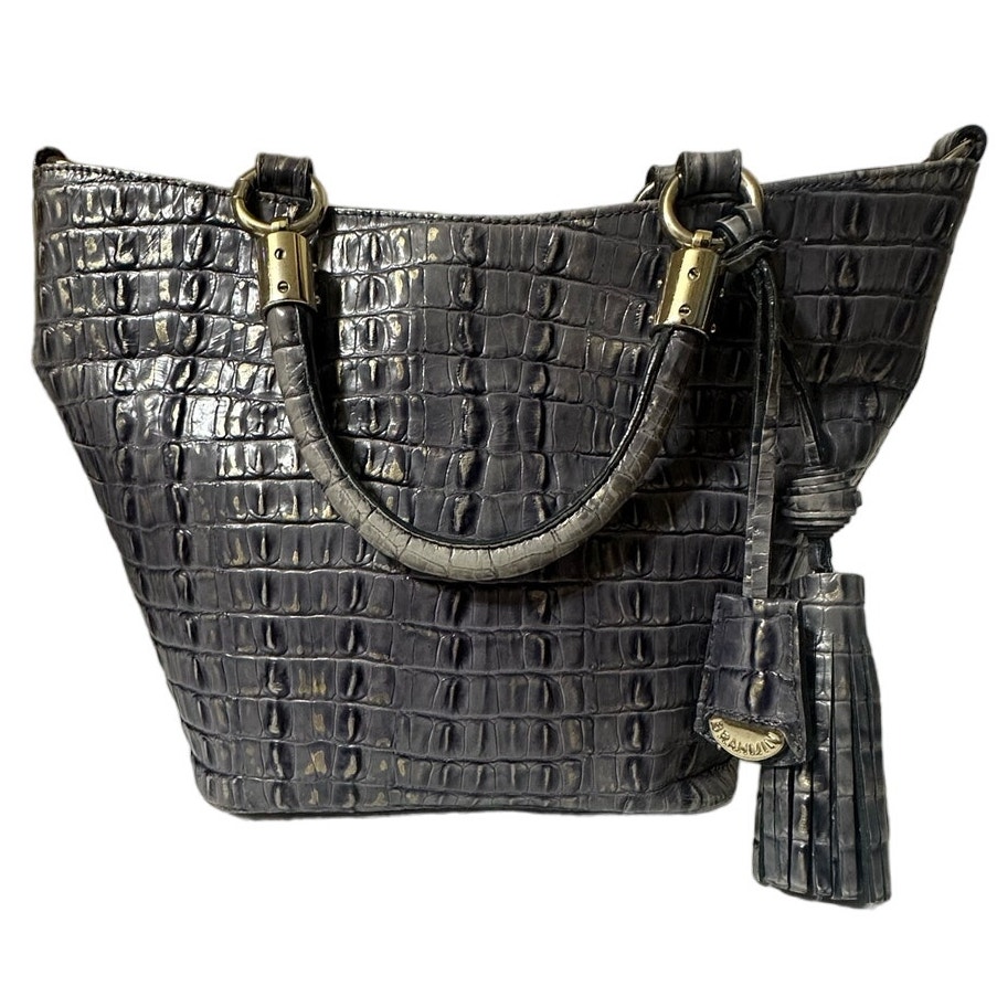 Brahmin Patina La Scala Double Handle Lavender Croc Embossed Leather Bag