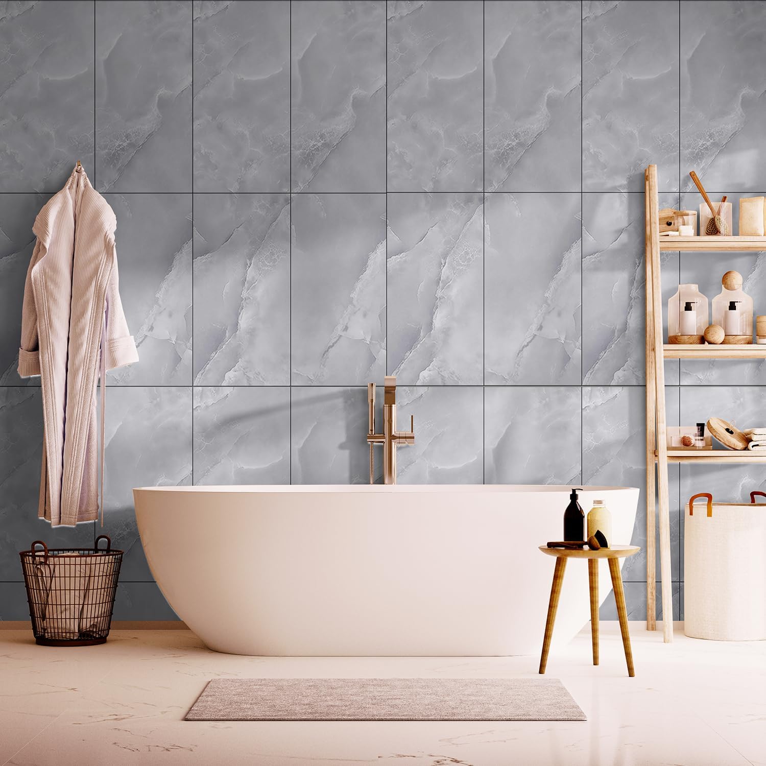 NWT ~ 20 Waterproof Glossy Gray Marble Wall Tiles Panels Peel & Stick 12 x24