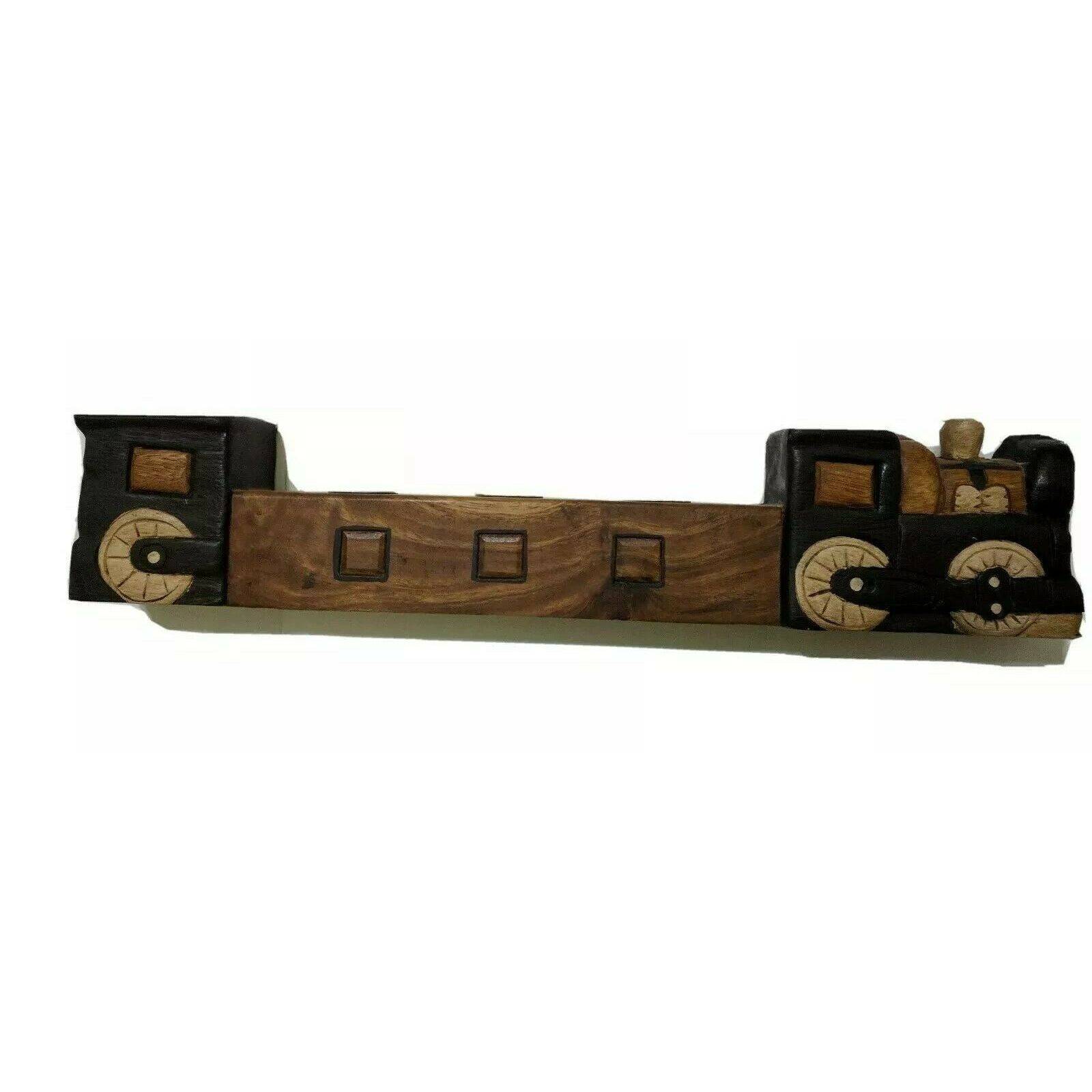 Votive Candle Holder Train Engine Hand Carved Painted Wood Folk Art Decor 21