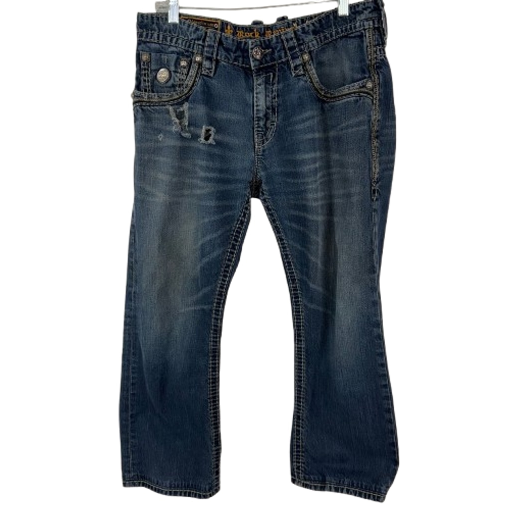 Rock Revival Marek Relaxed Straight Jeans Men 34X27 Blue Denim Distressed Cowboy