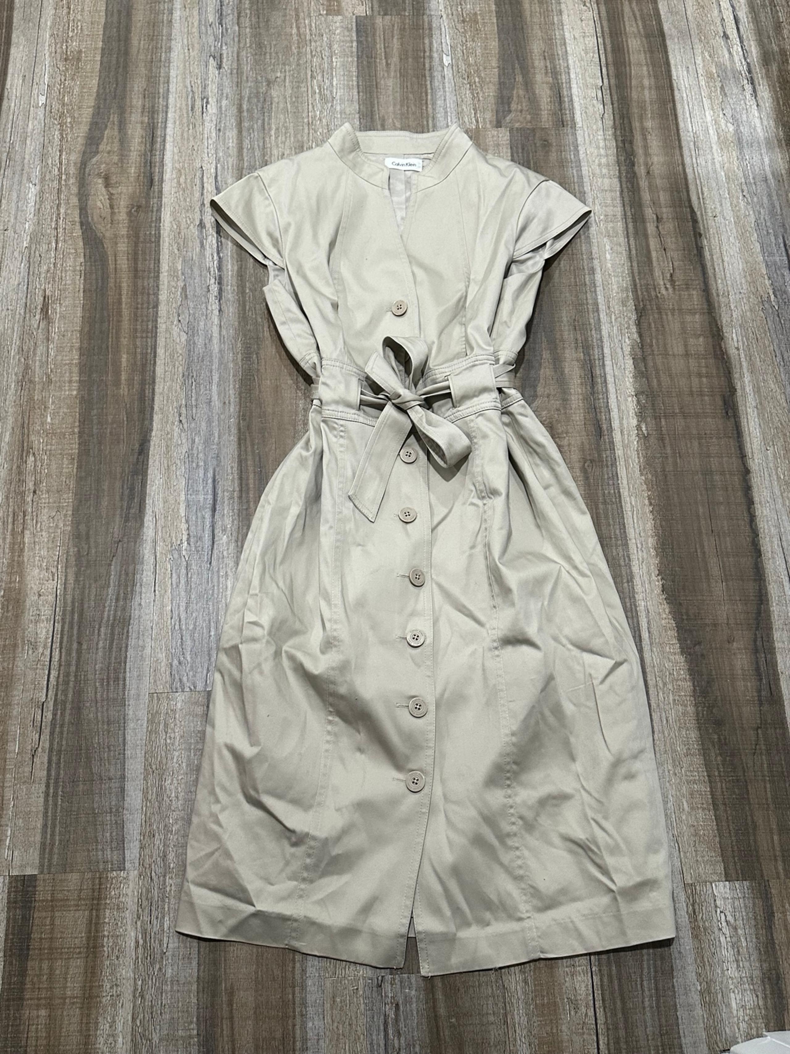 Calvin Klein Beige Tan Linen Rayon Belted Button Down Dress, size large
