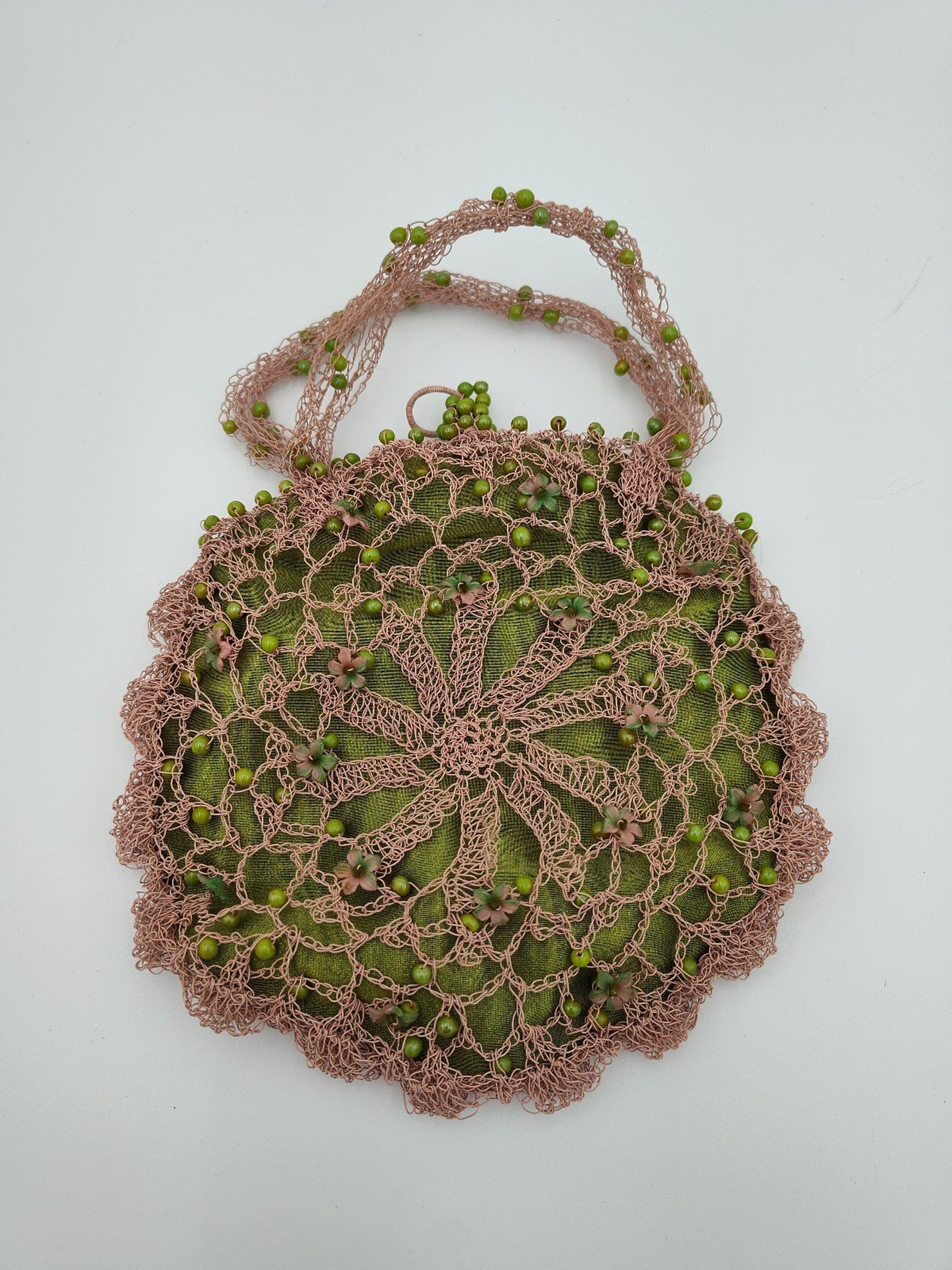 Vintage Handmade Tan and Green Nylon Crochet Handheld Purse