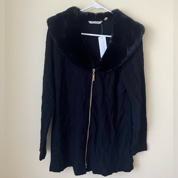 Soft Surroundings Sereta Zip Up Sweater Faux Fur Collar Size M Black Gold Zipper