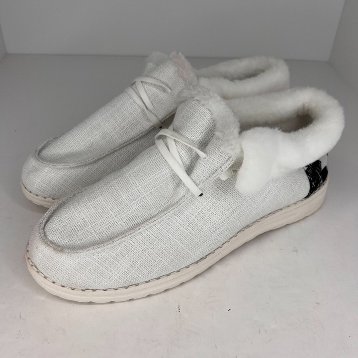 Womens Gray Solid Fluffy Faux Fur Canvas Low Top Flats Size 9.5 Slip On Shoes