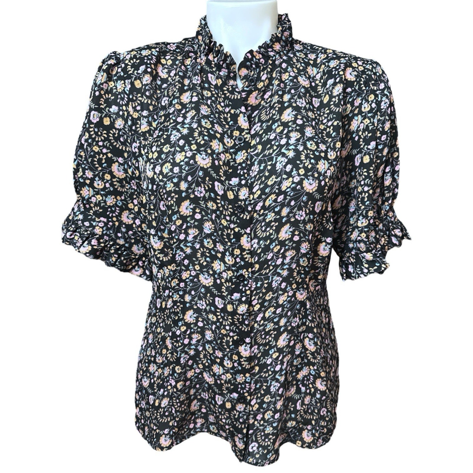 Selkie The Bistro Blouse Ruffle Mock Neck Short Sleeve Floral Size L