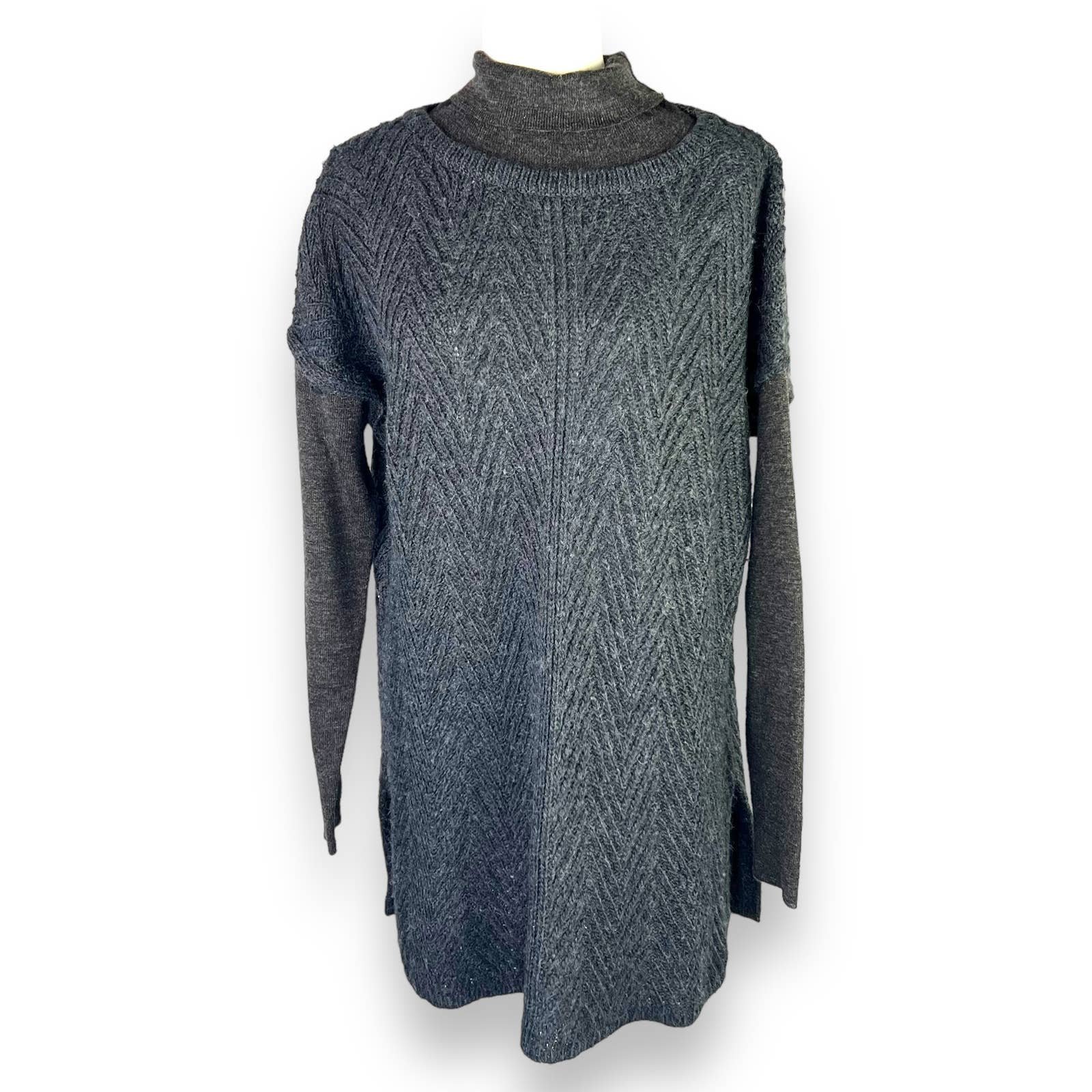 Woolrich Woman’s Sweater Sz L Wool Blend Turtleneck Gray Chunky Knit
