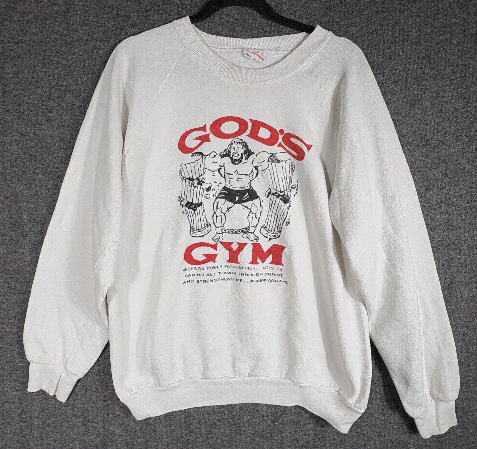 Rare VTG 1988 Men God's Gym Samson Jesus White Crewneck Pullover Sweatshirt XL