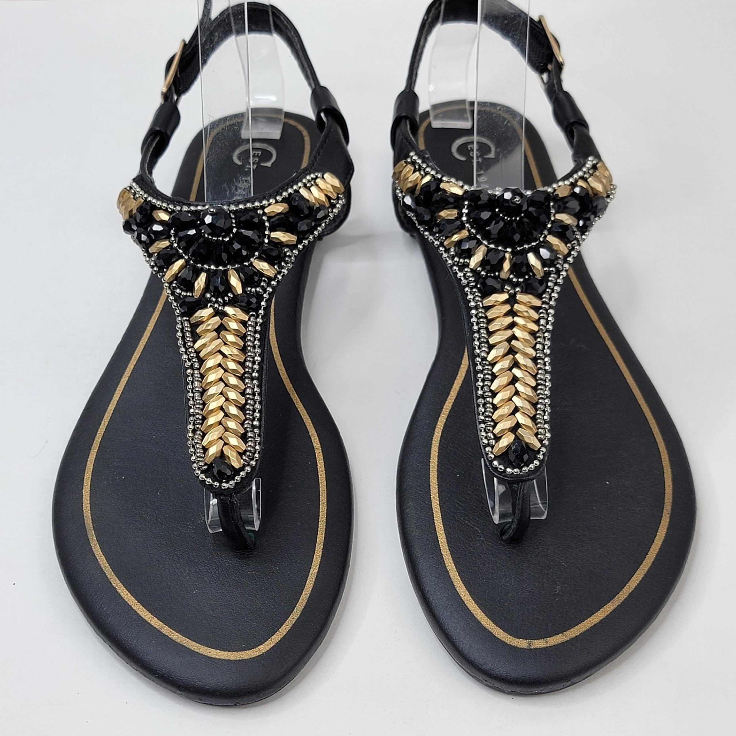 Bohemian 7M Thong Sandals Beaded Embellished Black Faux Leather Buckle Casual