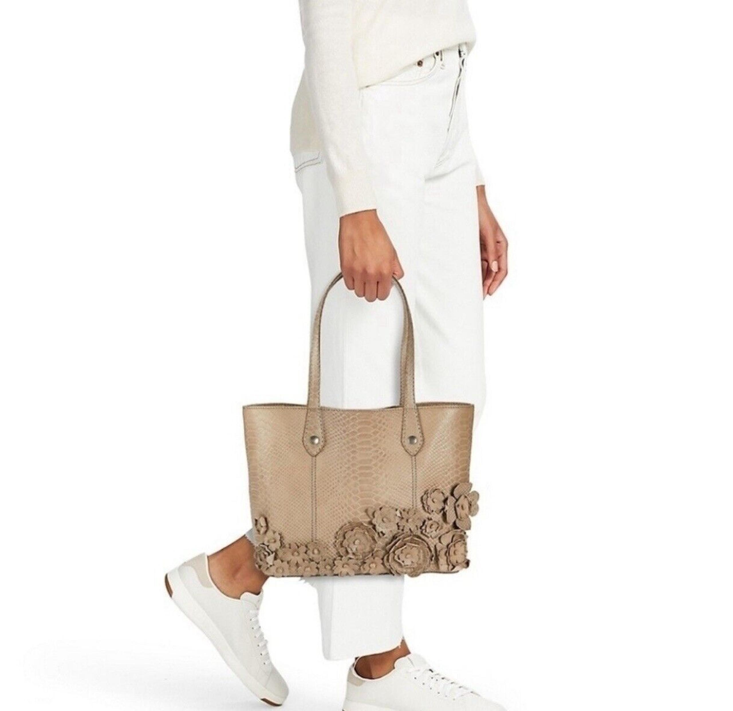 FRYE Melissa Floral Moc-Croc Leather Tote In Natural Tan New