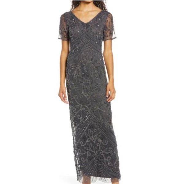 Pisarro Nights Beaded Mesh Column Gown Slate Gray 8Petite