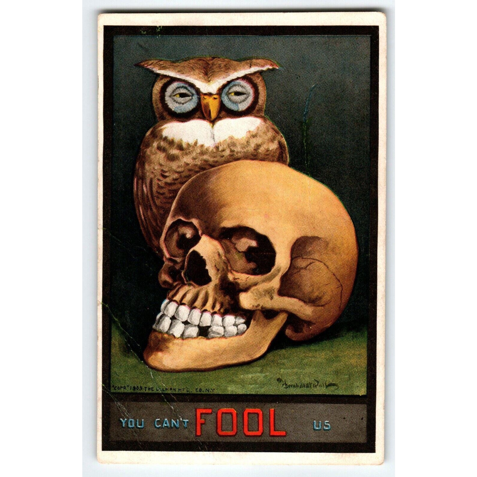 You Can't April Fool Us Postcard Owl Skull Skeleton Head B Wall Ullman Halloween