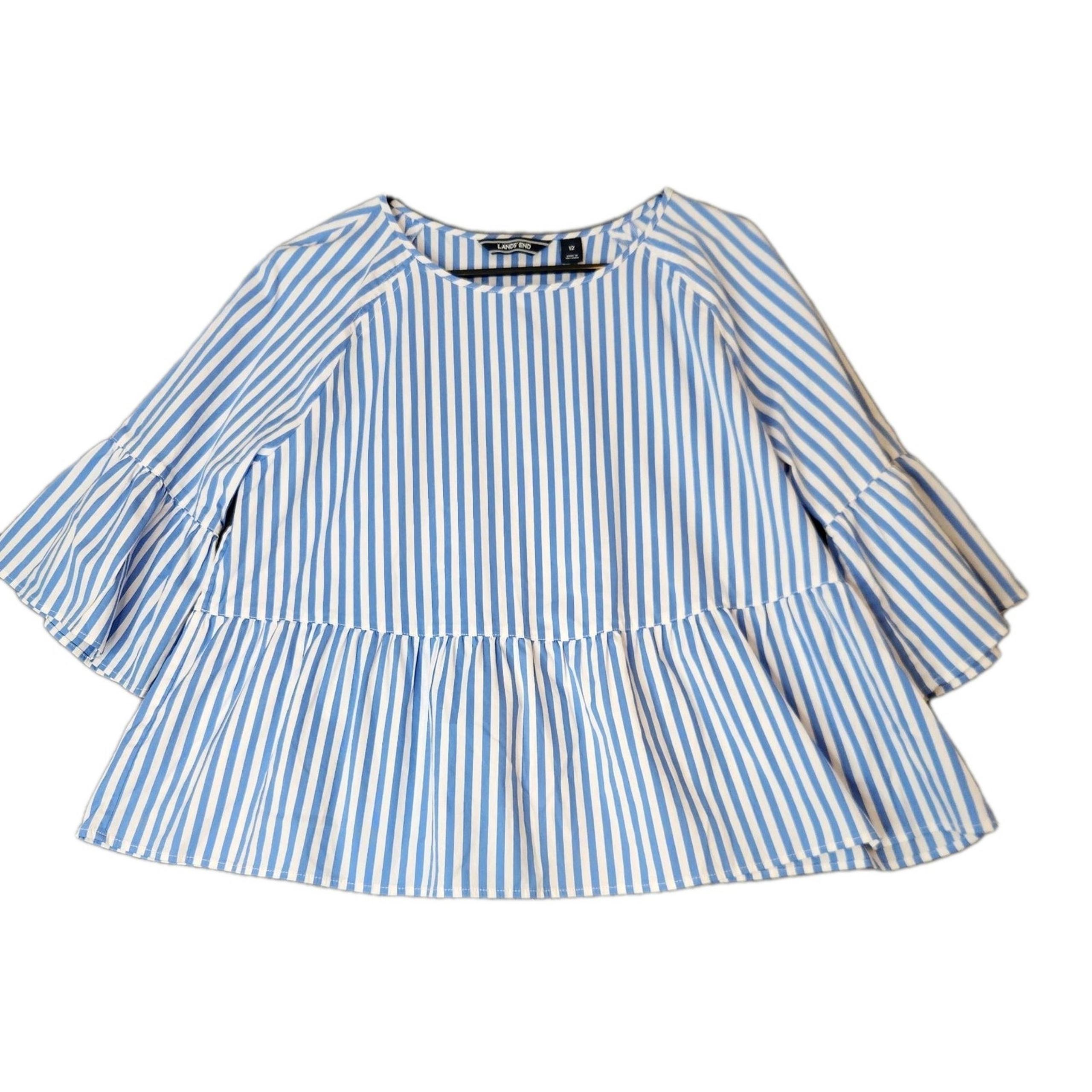 Lands' End Peplum Top Blouse Shirt Flutter Sleeve Blue White Stripe Sz 12 Beach