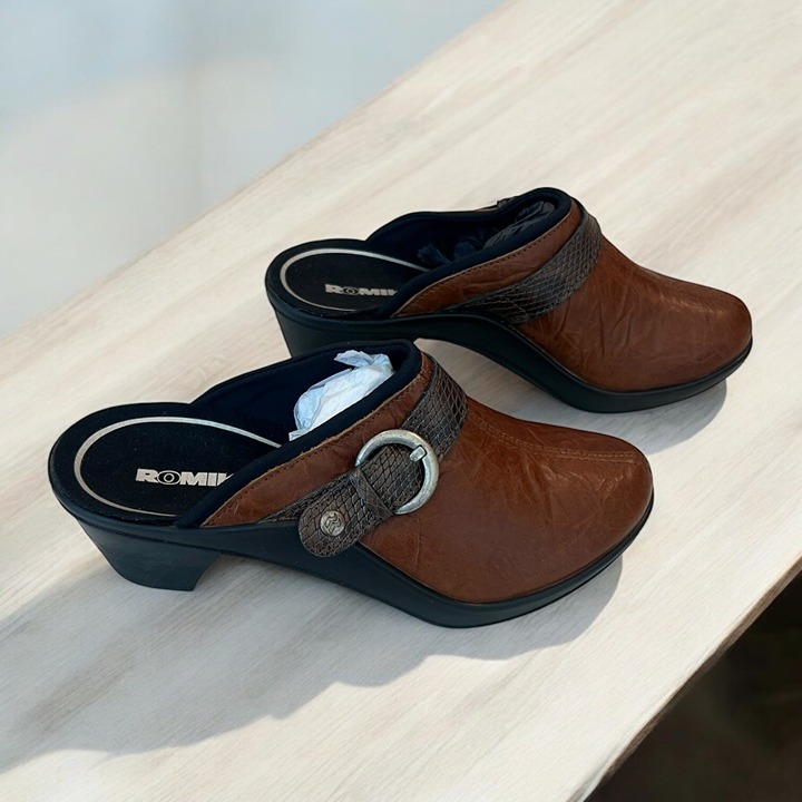 Romika Mokassetta 279 Brown & Black Leather Slip On W/Buckle Mule 37 EU 6.5 US