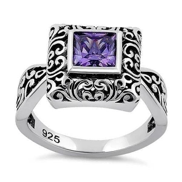 Sterling Silver Ornate Square Cut Amethyst CZ Ring Size 8 New