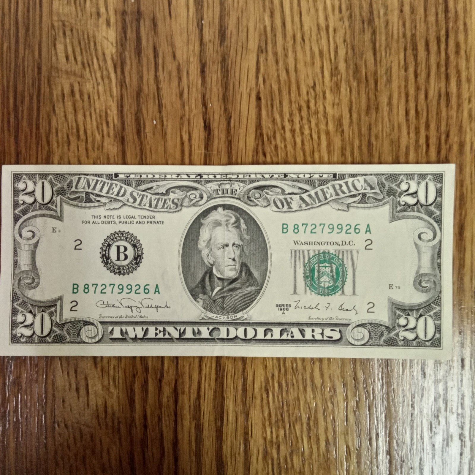 1988A 20 Dollar Bill Serial Number B87279926A