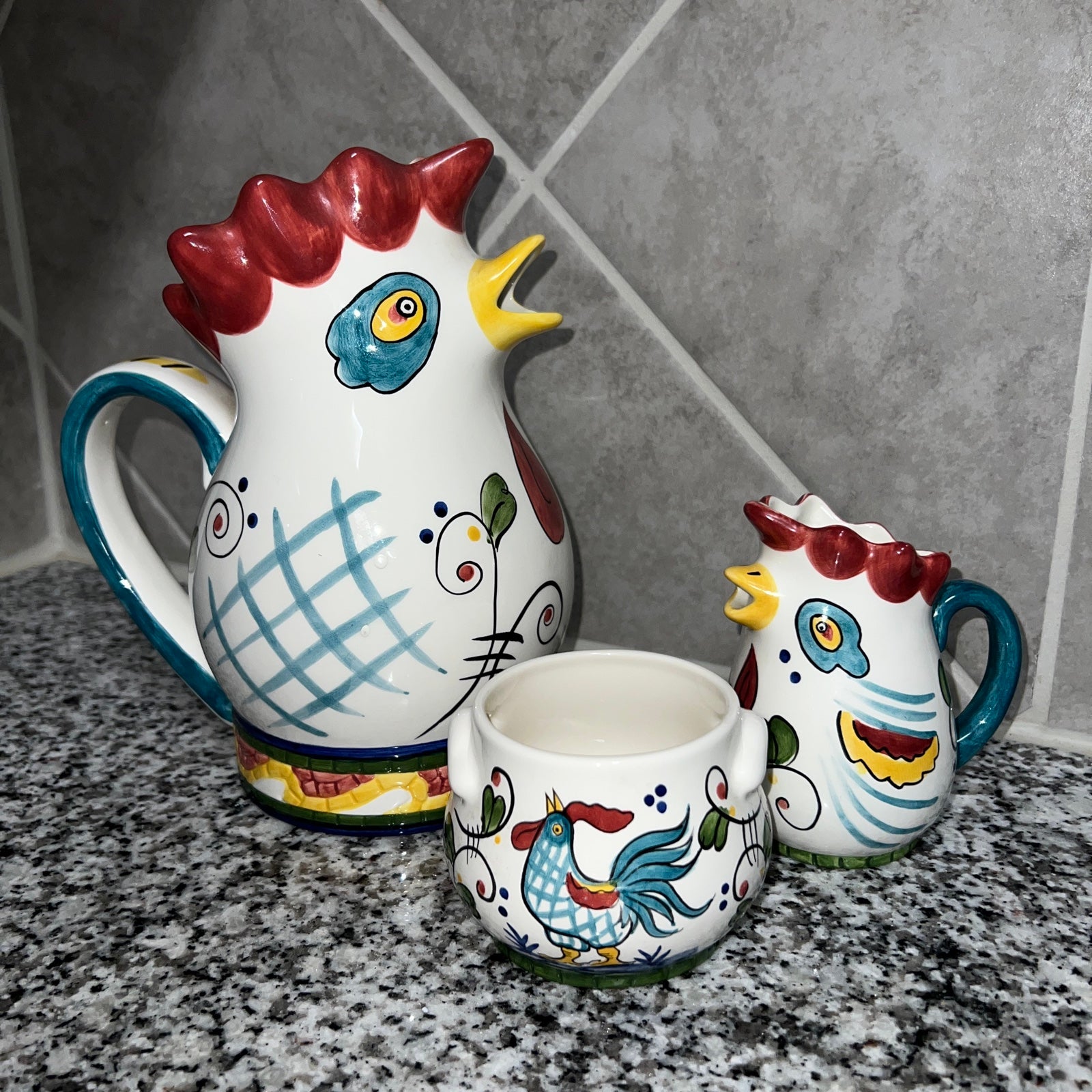 Hand Painted Mosiac Rooster, Pitcher Set
