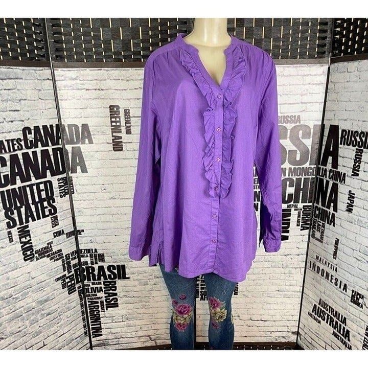 Lane Bryant 18/20 Purple Ruffle Button Down CottonLong Roll-Tab Sleeve Shirt