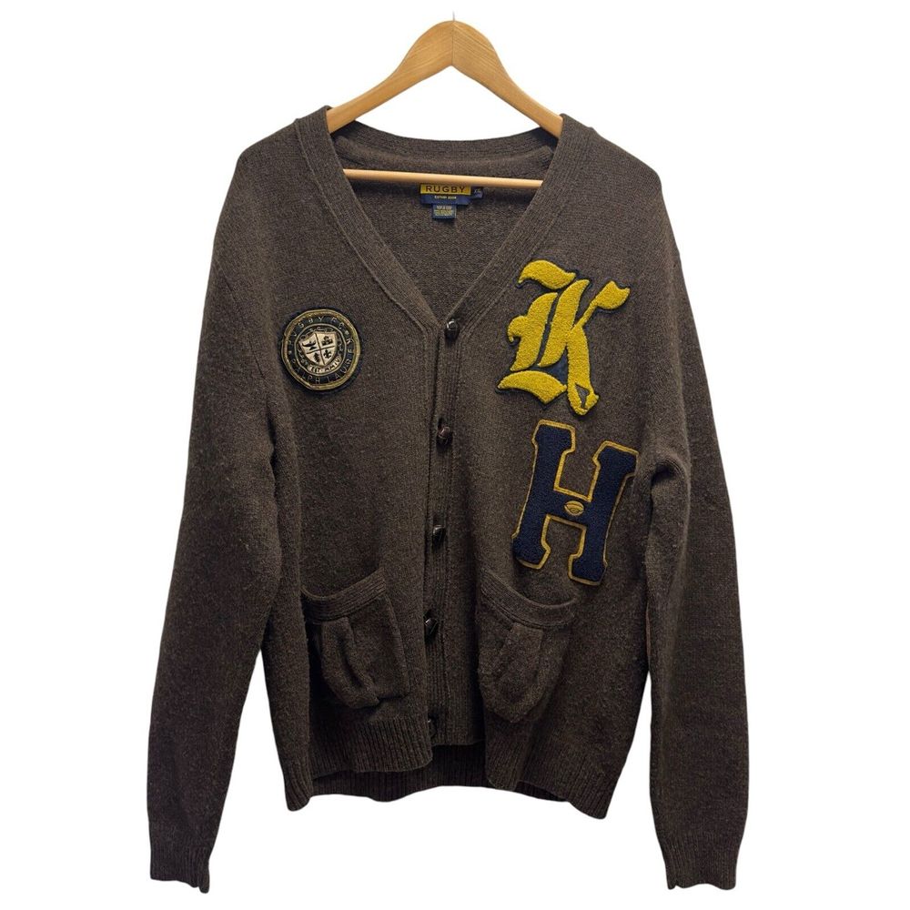 Ralph Lauren Rugby Men's XXL Varsity Patchwork Letter Elbow Patch Wool Cardigan