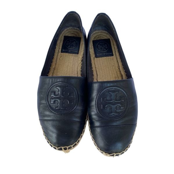 TORY BURCH Benton Nappa Leather Espadrille Flats Size 6.5 Perfect Black Logo