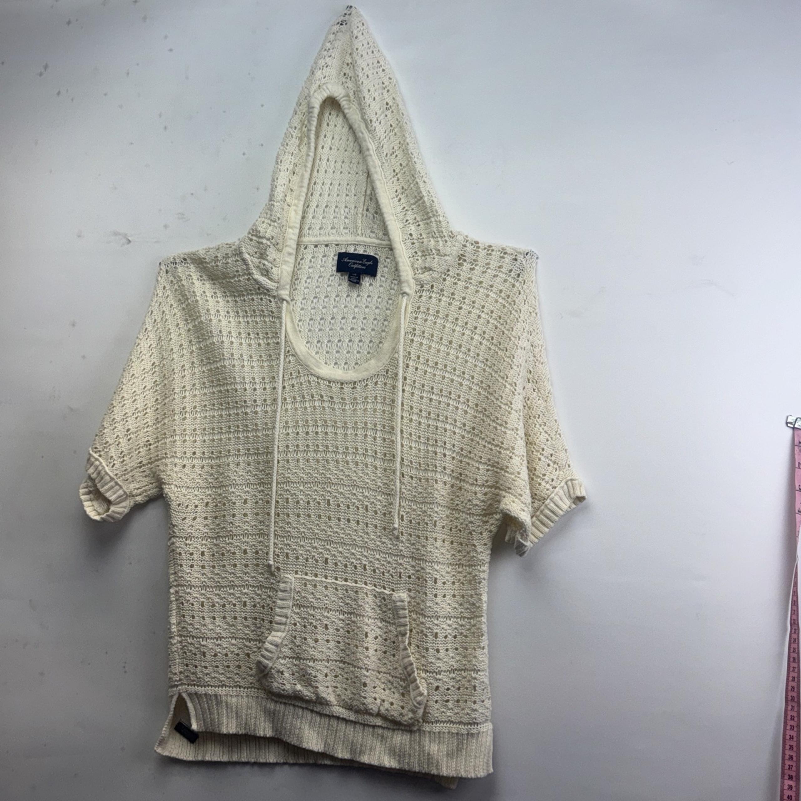 American Eagle Womens Hooded Sweater Size L Tie-Front Short Sleeve Pockets