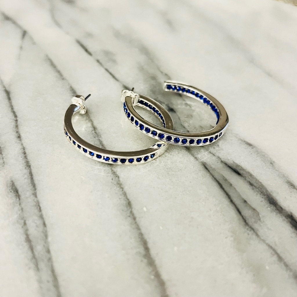 Vintage Blue Crystal Channel Hoop Earrings Silver Toned Metal Unsigned
