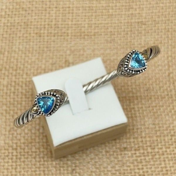 Bali Designs Blue Topaz Cuff Bracelet Trillion Cut Sterling Silver 18K Gold 6.75