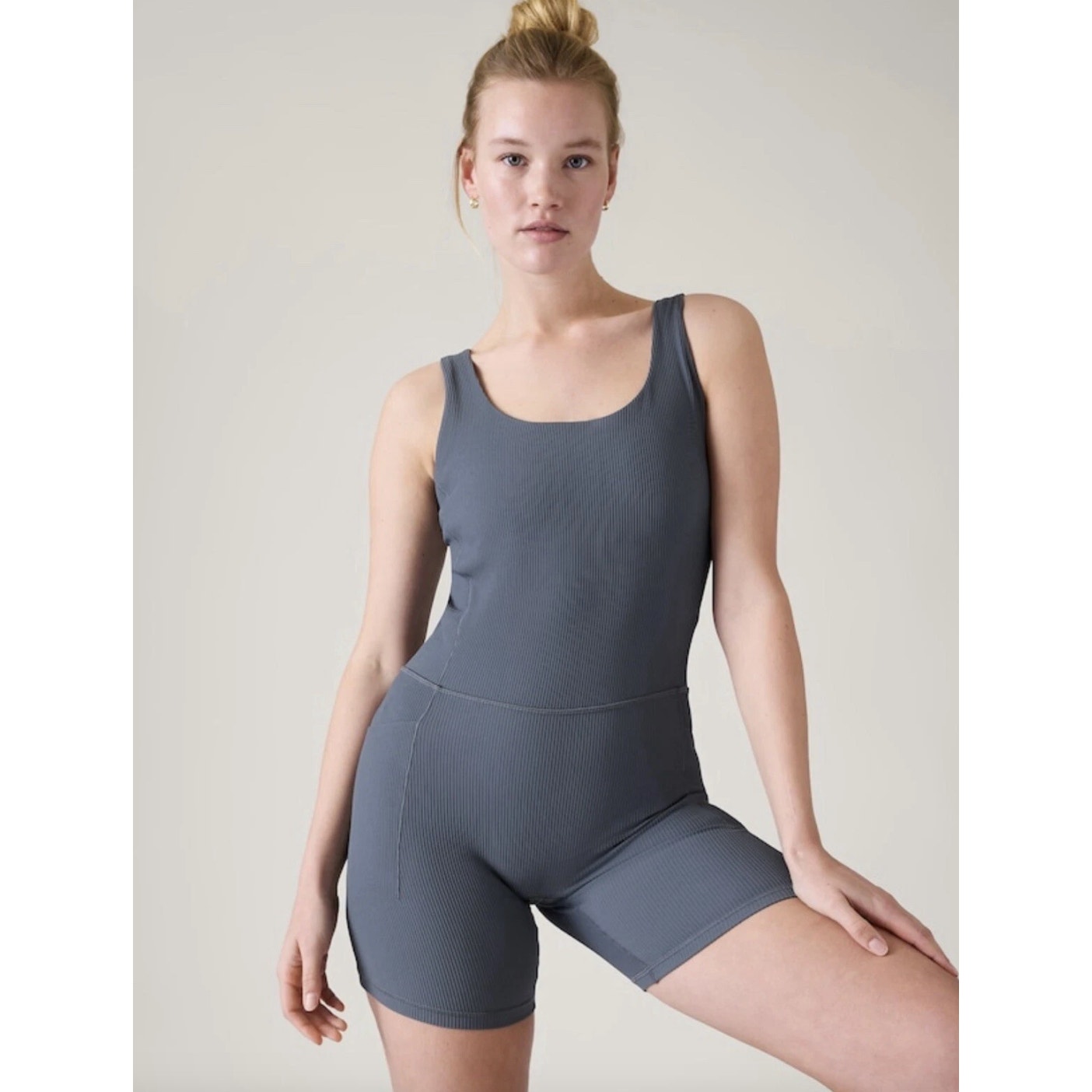 Athleta Salutation Rib Bike Suit Romper Granite Blue Pockets Athleisure XS
