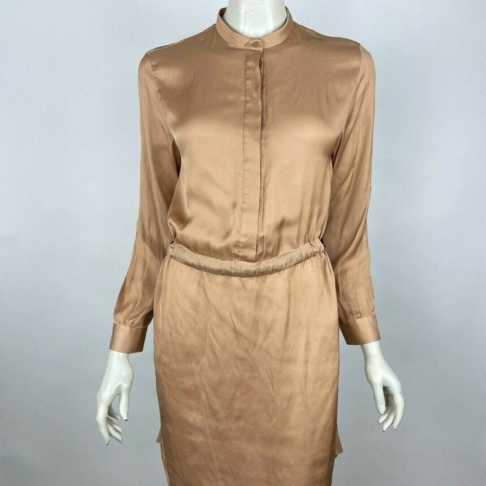 Cedric Charlier Dress Button Front Long Sleeve Beige Black Tie Waist Women 6