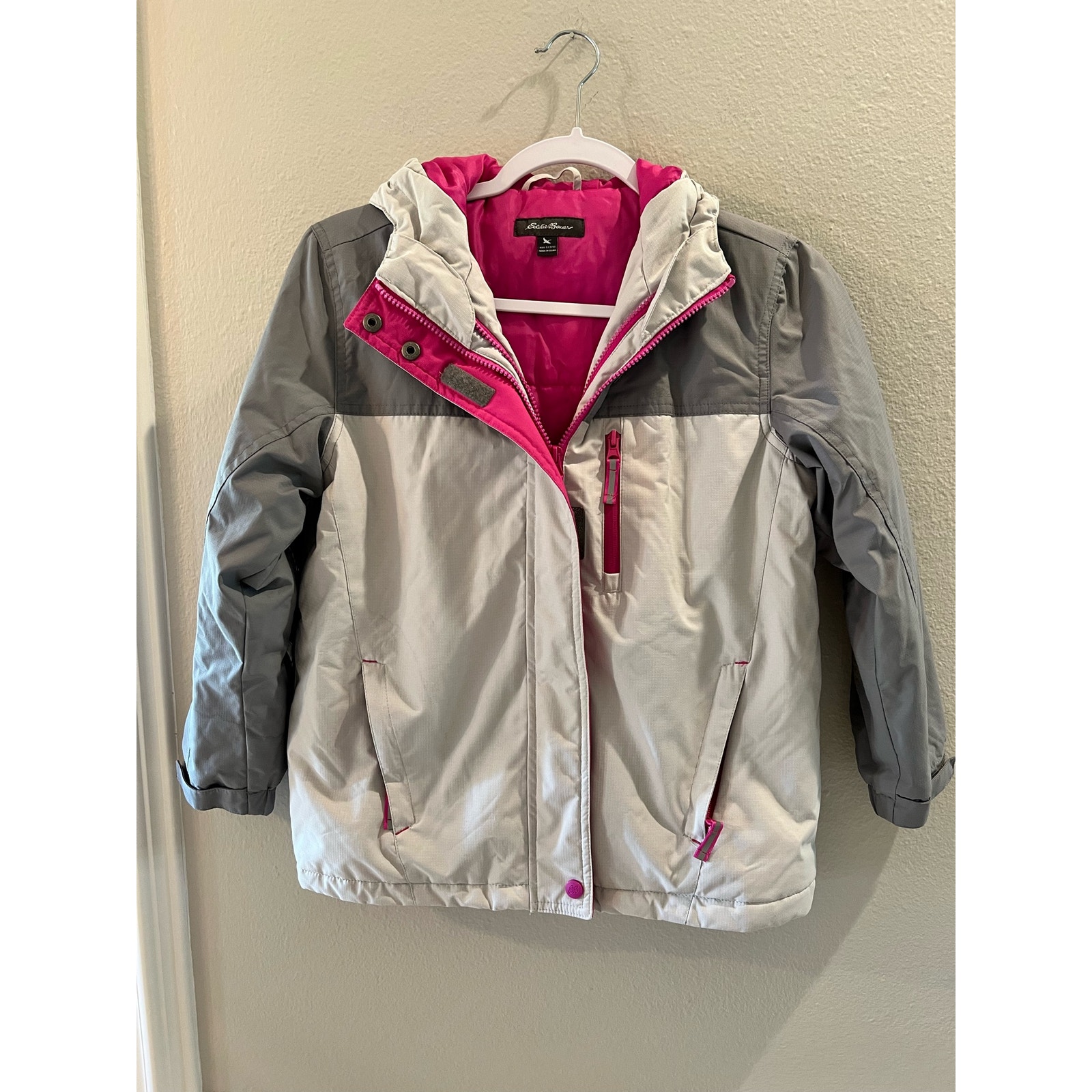 Eddie Bauer Girls Powder Search Hooded Pink Grey 3-1 Ski Snow Jacket Size S 7/8