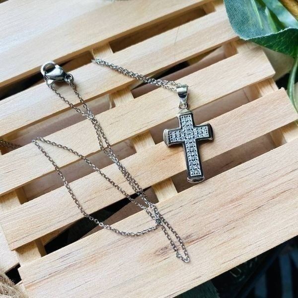 Sterling Silver Micro Pave Cz Cross Pendant On Stainless Steel Chain
