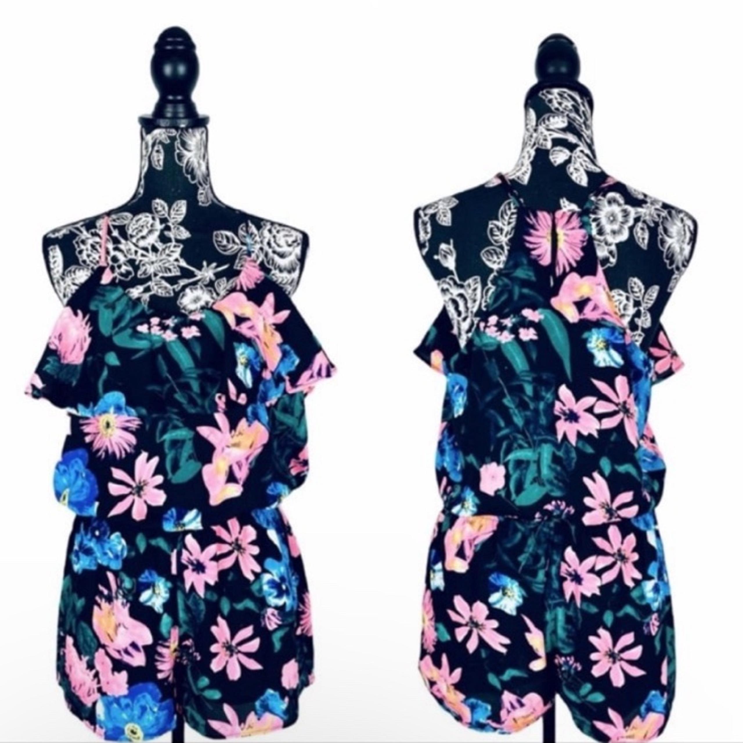Mine black neon floral ruffle loose fit adjustable strap romper size large
