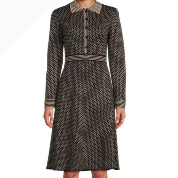 Max Studio Knit Dress Sweater Dress Long Sleeve Geometric Print Medium L1