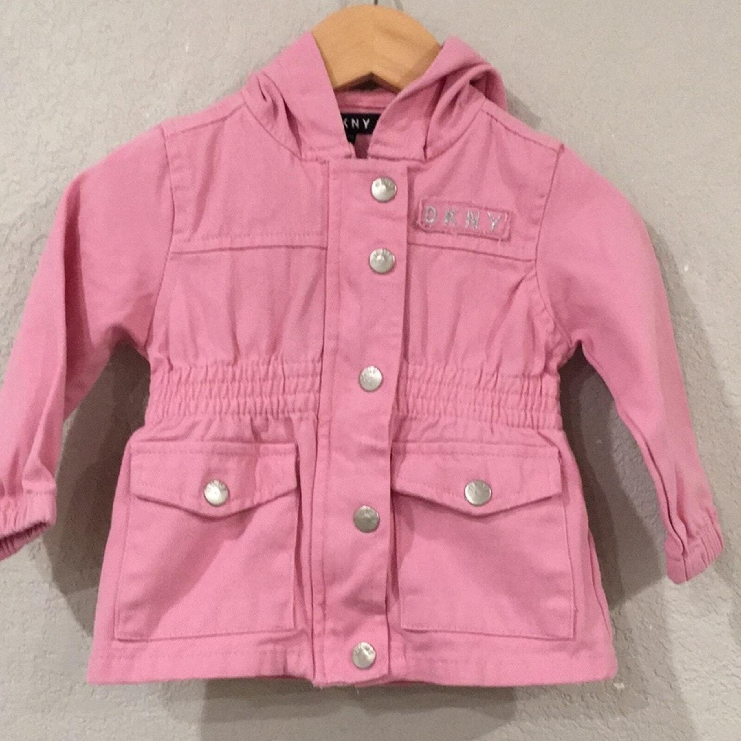 DKNY Toddler Girls Sz 12M Pink Hooded Jean Jacket 100% Cotton