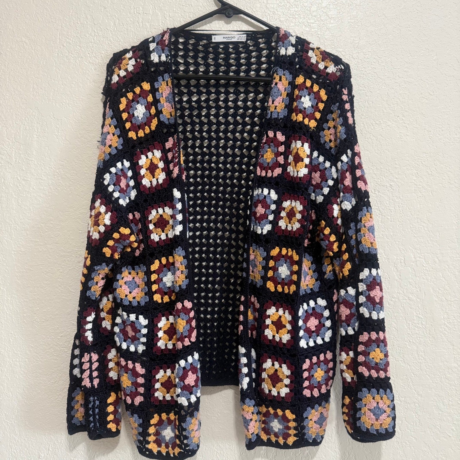 Mango Granny Square Crochet Cardigan Black Multi Color Boho Cardigan XS S