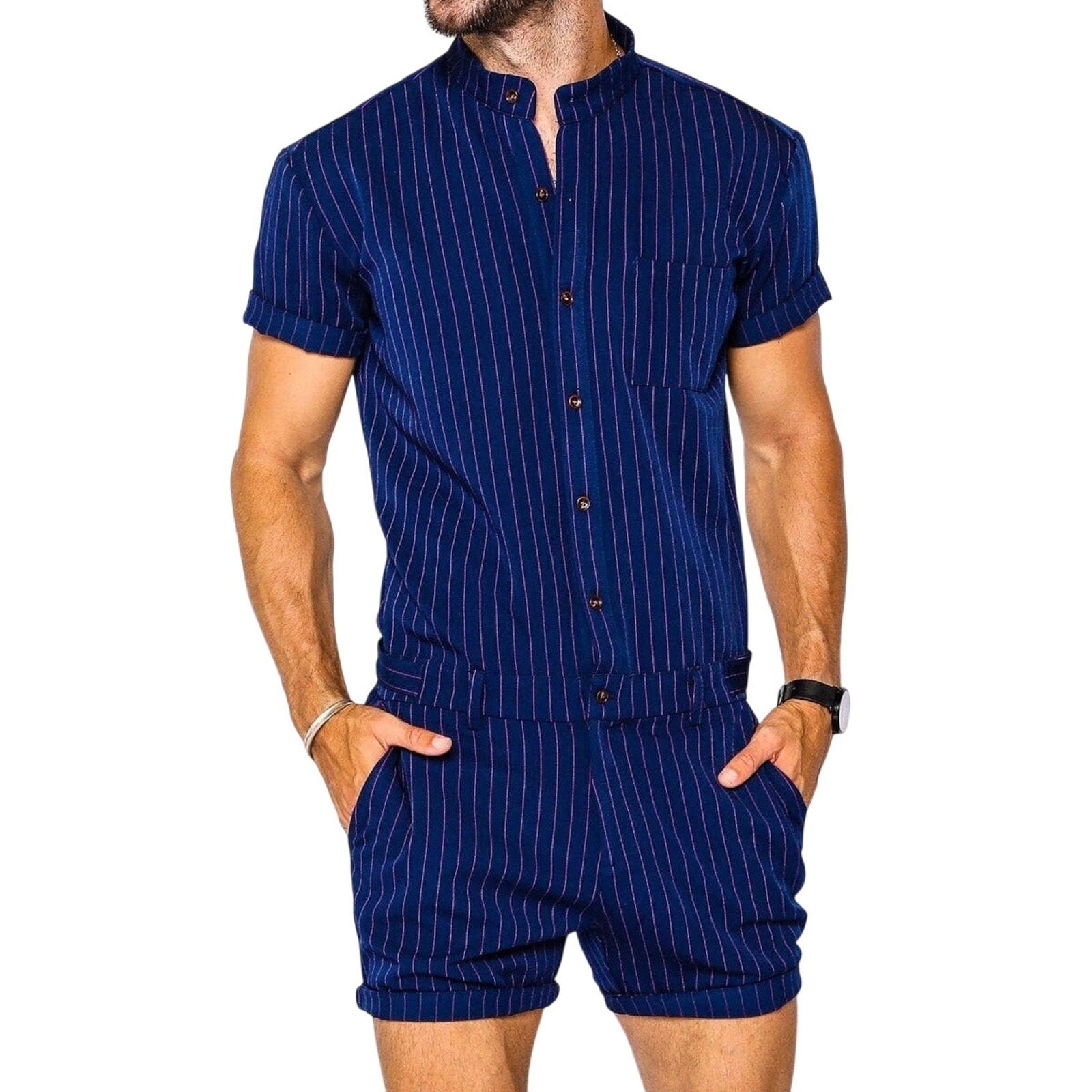 RomperJack Navy Blue Chateaux Romper Pink Pinstripe Shorts Medium