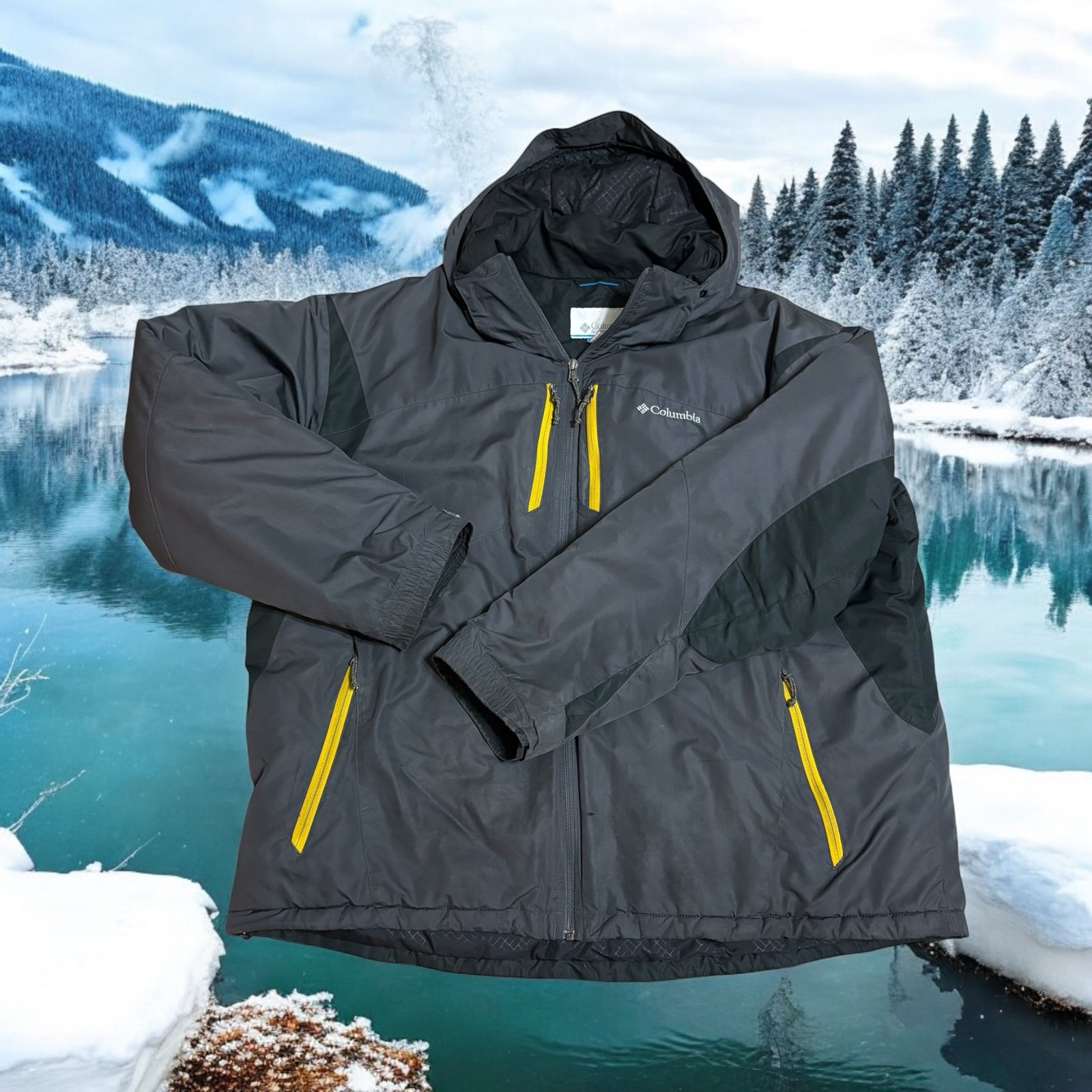 Columbia Omni Shield Winter Hooded Jacket Coat Men XXL Gray Yellow Trim 4 Zipper