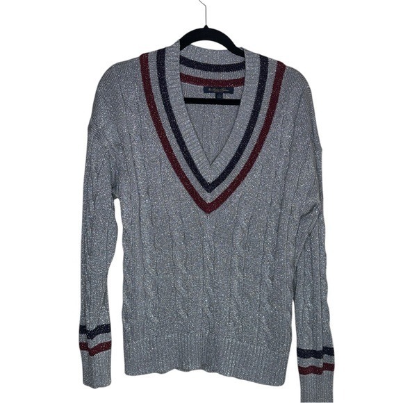 Brooks Brothers Metallic Tennis Sweater V Neck Size L Silver Navy Preppy