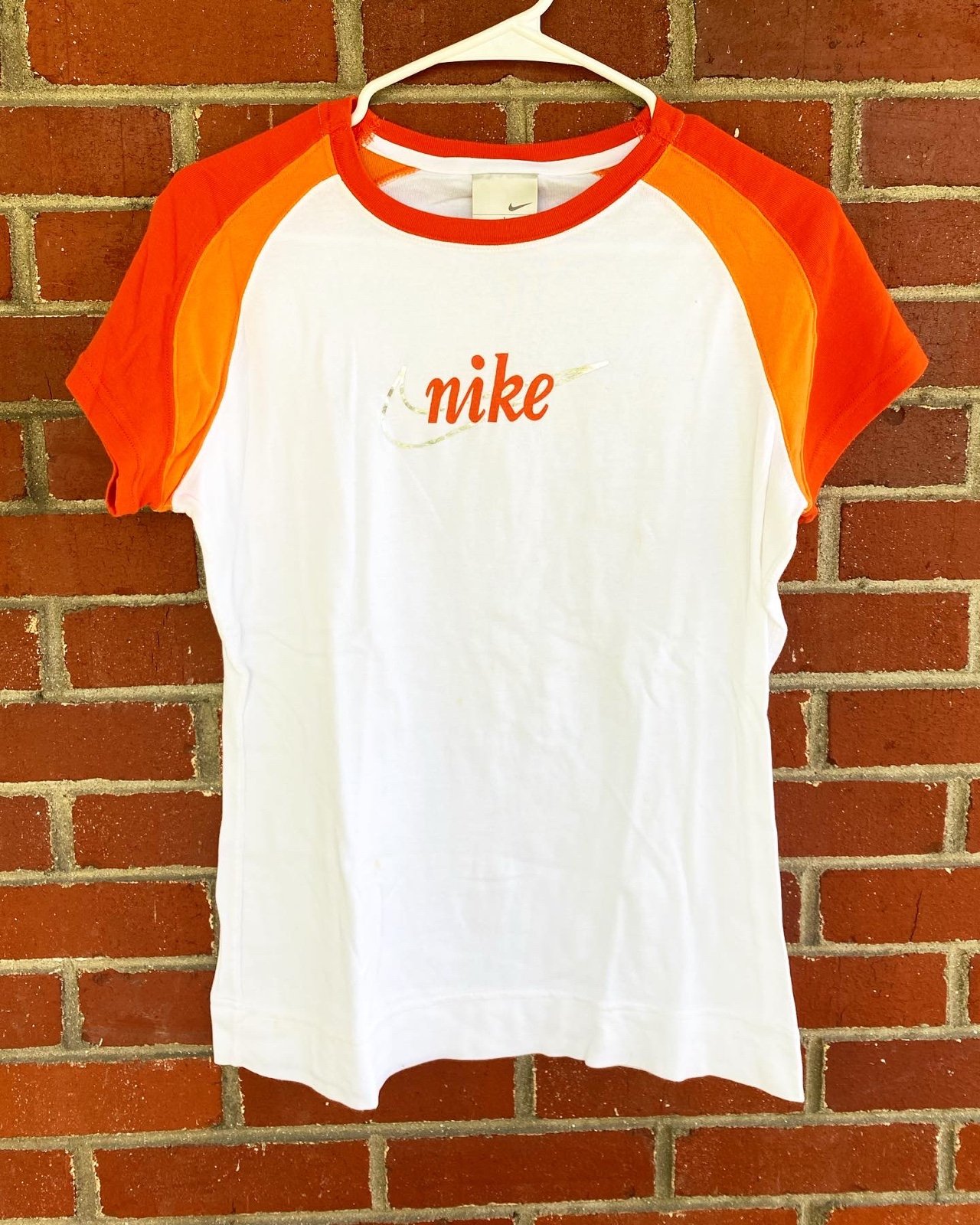 Vintage Nike White Top Silver Metallic Swoosh Orange Striped Sleeves, Size L
