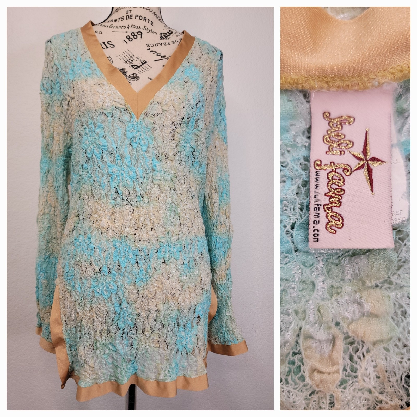 Luli Fama Top Mesh Cover Up Womens Large Long Sleeves V Neck Crochet Slits