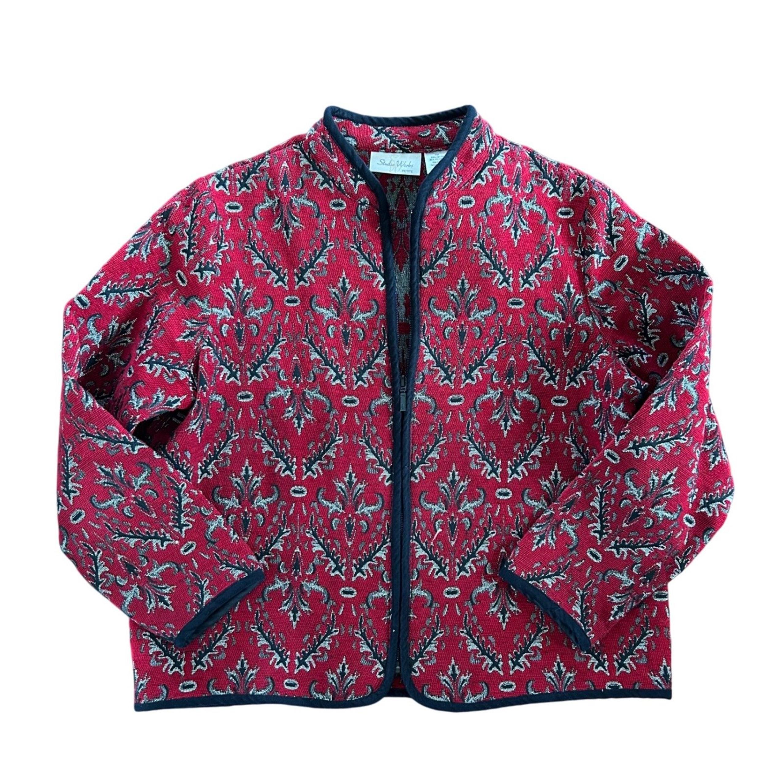 Vintage Studio Works Red Black Silver Tapestry Blazer Jacket Size Medium Petite