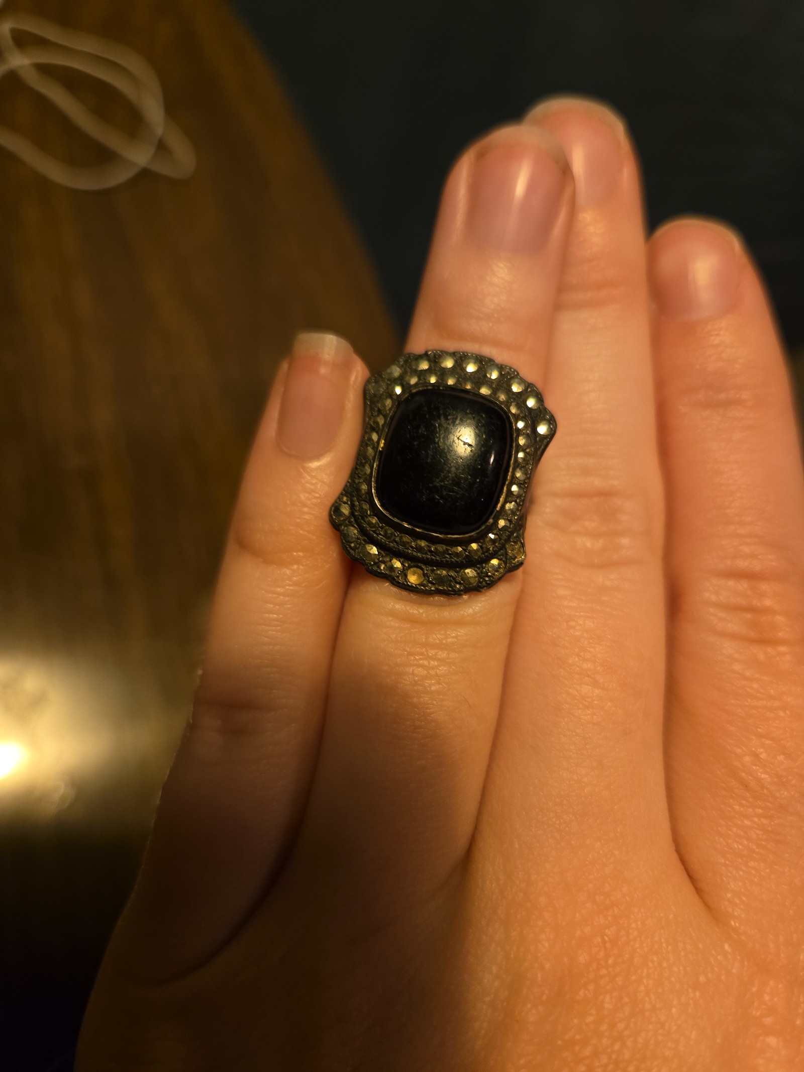Vintage Art Deco Uncas Sterling Silver Onyx Marcasite Ring Old Antique Size 5-6
