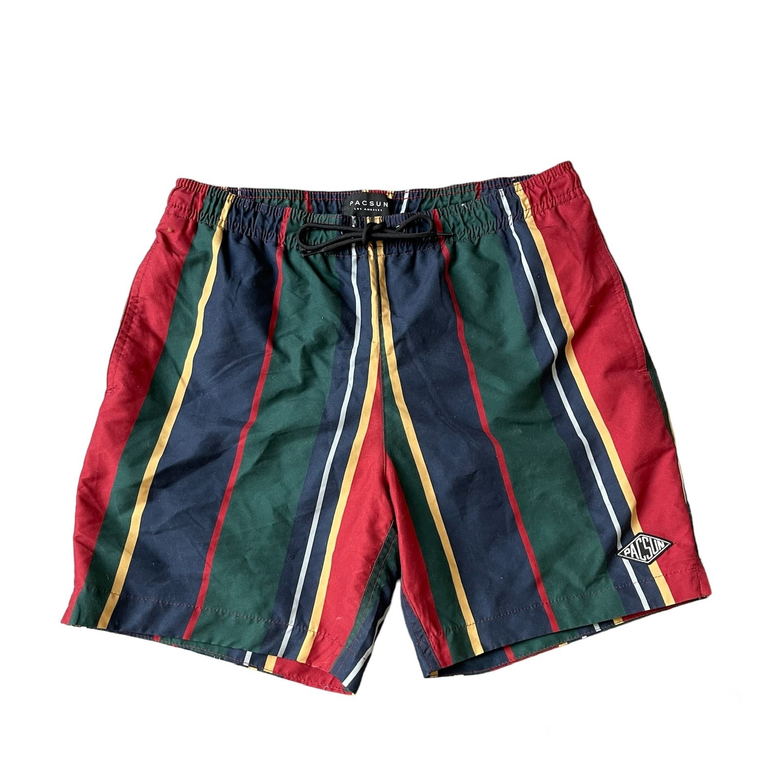 Men's M PacSun Green Navy Red Stripe Lined Boardshorts Swim Trunks Drawstring