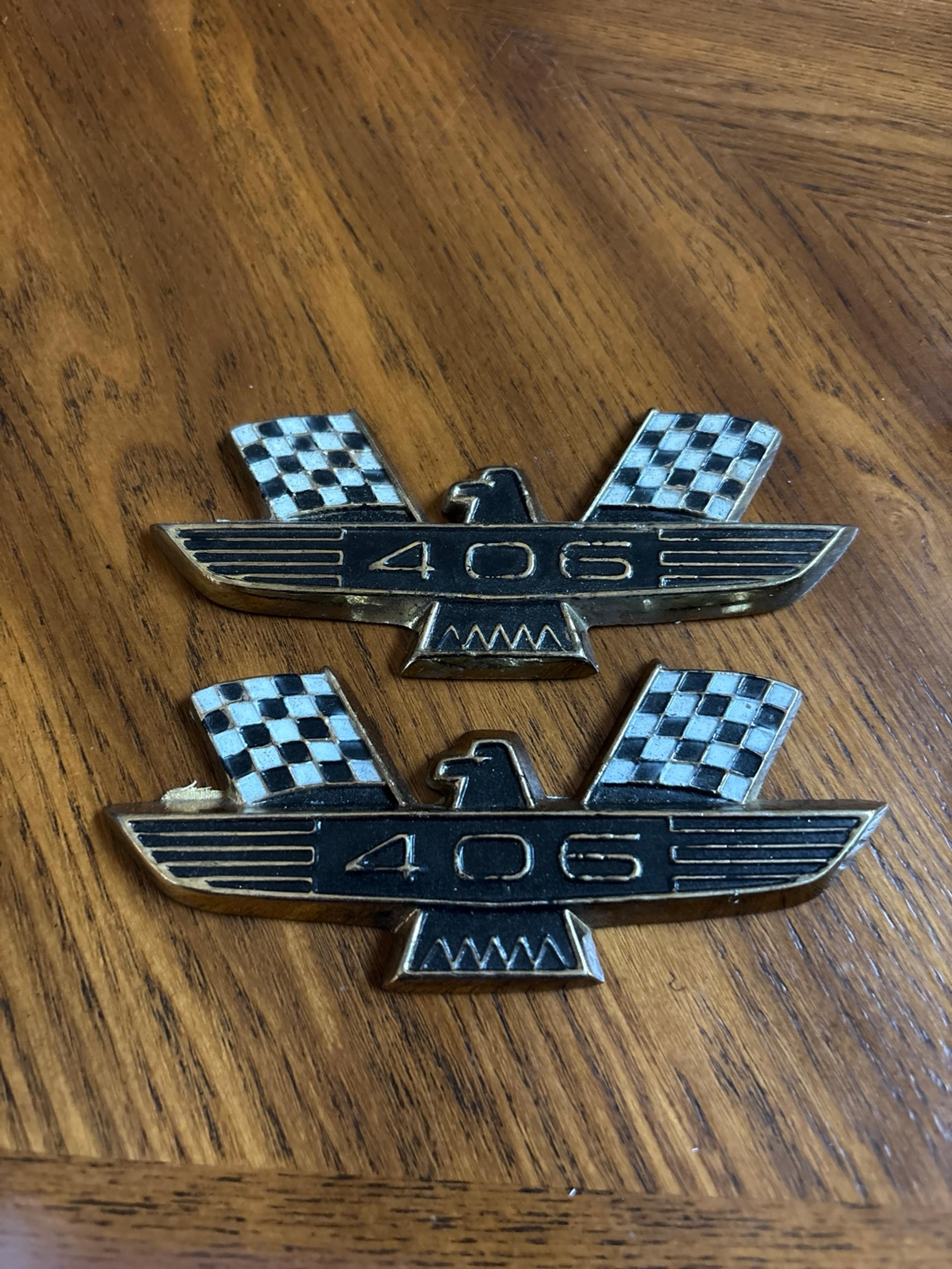 2 Vintage replica 406 Ford gold tone checkered flag emblems