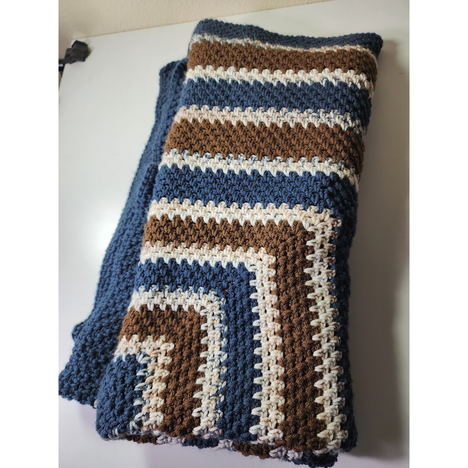 HANDMADE Crochet Brown Blue Sqre Striped Mushroom Applique Afghan Blanket 60x60
