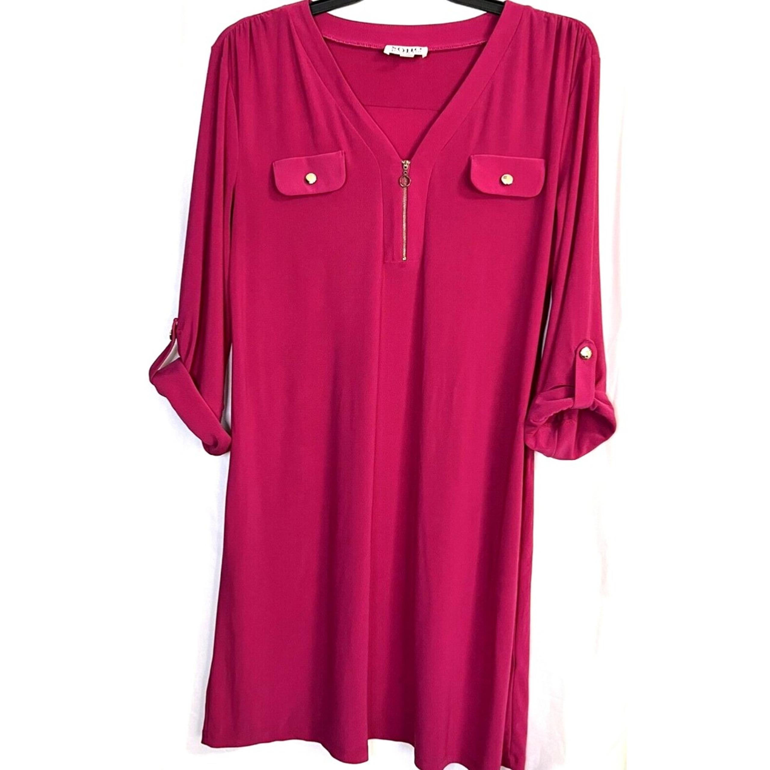 Soho Apparel Ltd Women's Pink V-Neck Dress Front Zipper Button 3/4 Sleeves sz XL